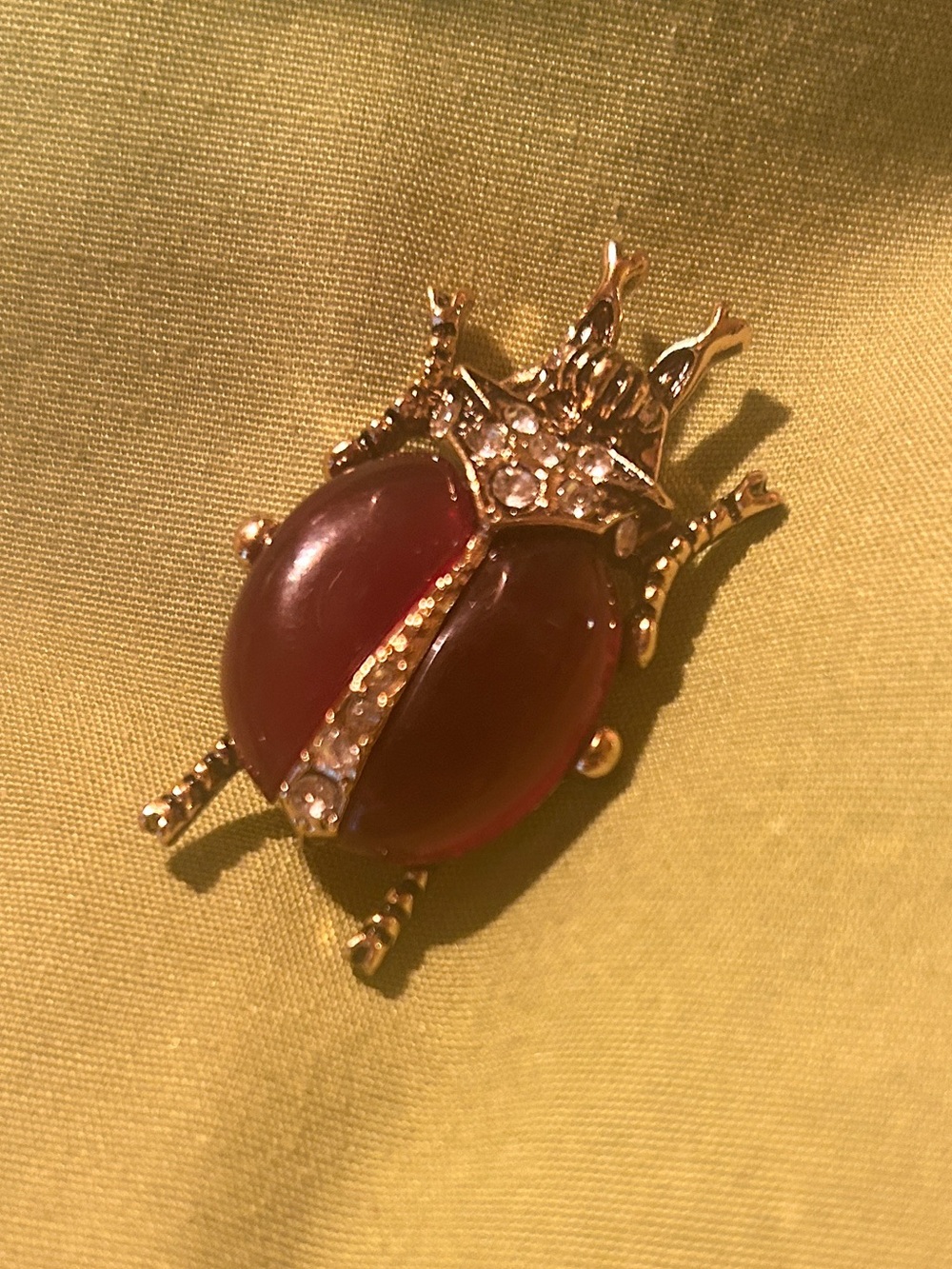 Vintage Gold Tone Ladybug Brooch Burgundy Cabochon Rhinestone Lucky Ladybug Pin
